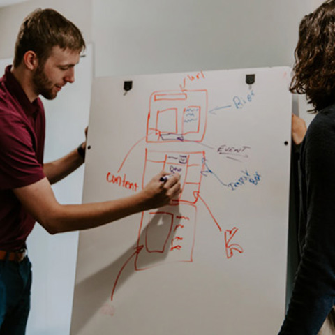 Two people writing on a whiteboard