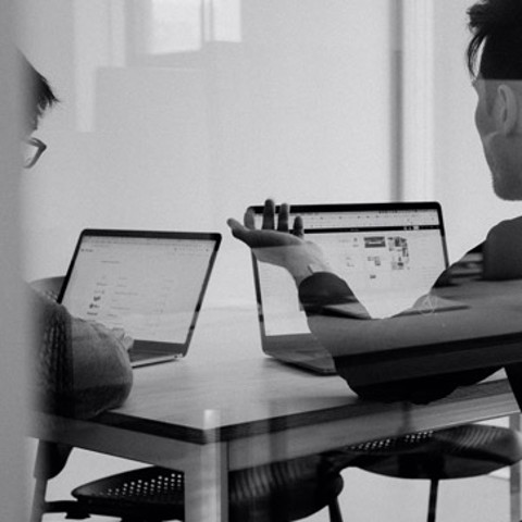 Two people in a meeting with laptops