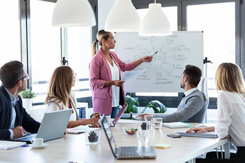 A woman working on a whiteboard in a meeting
