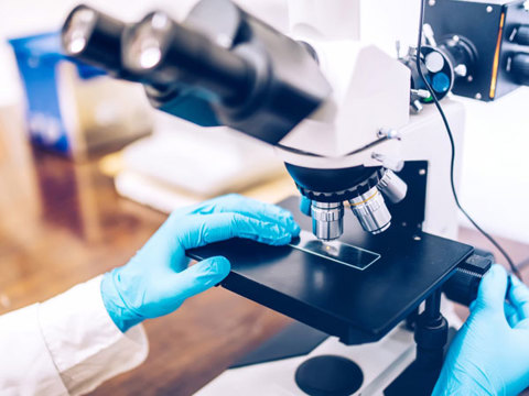 A person working on a microscope