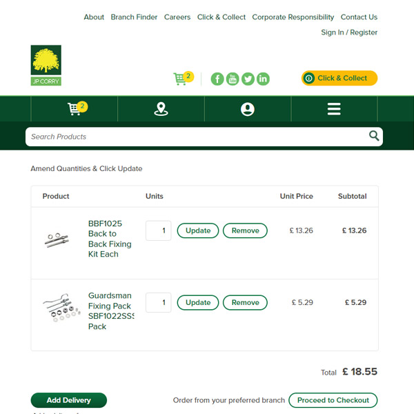 JP Corry Site Check Out Page Screenshot