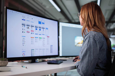 A woman at a computer workstation