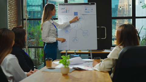 A woman presenting in a meeting